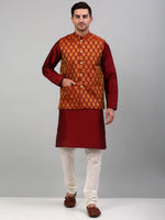 Thumbnail for Jompers Men's Woven Design Nehru Jacket and Kurta Pyjama Set - Maroon - Distacart