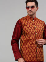 Thumbnail for Jompers Men's Woven Design Nehru Jacket and Kurta Pyjama Set - Maroon - Distacart