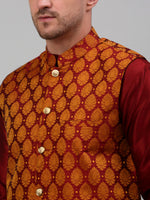 Thumbnail for Jompers Men's Woven Design Nehru Jacket and Kurta Pyjama Set - Maroon - Distacart