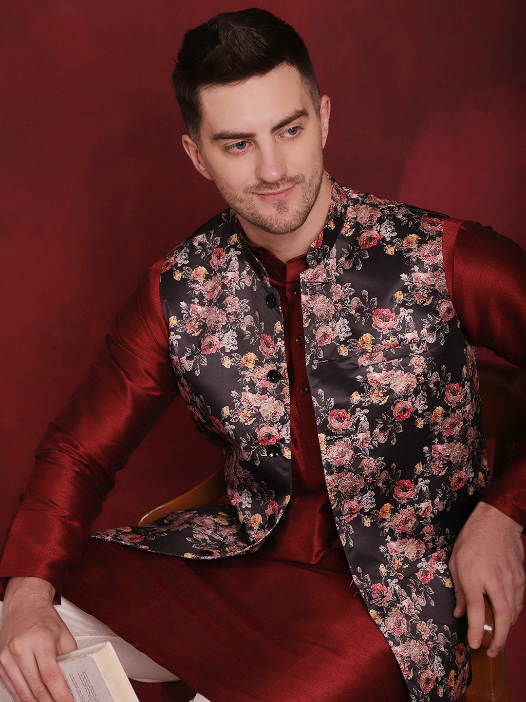 Jompers Men's Black Floral Printed Nehru Jacket With Kurta Pyjama Set - Distacart
