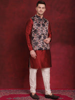 Thumbnail for Jompers Men's Black Floral Printed Nehru Jacket With Kurta Pyjama Set - Distacart