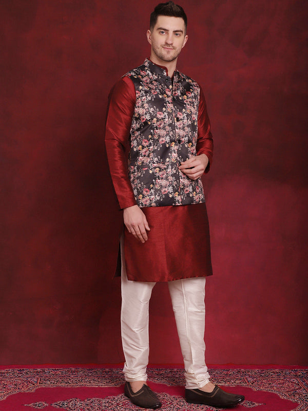 Jompers Men's Black Floral Printed Nehru Jacket With Kurta Pyjama Set - Distacart