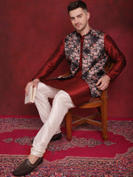Thumbnail for Jompers Men's Black Floral Printed Nehru Jacket With Kurta Pyjama Set - Distacart