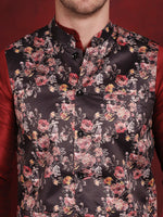 Thumbnail for Jompers Men's Black Floral Printed Nehru Jacket With Kurta Pyjama Set - Distacart