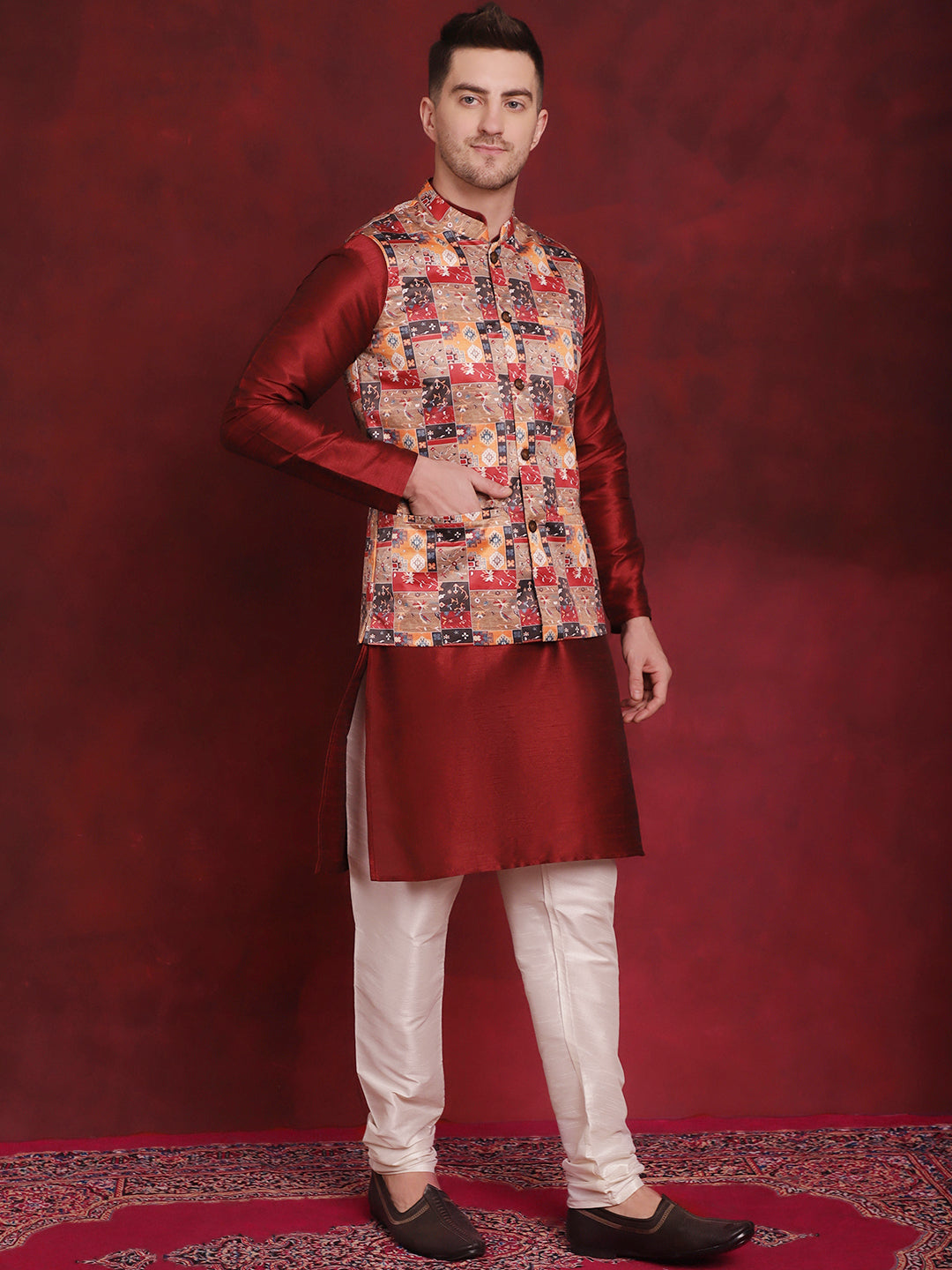 Jompers Men's Multi Printed Nehru Jacket With Kurta Pyjama Set - Distacart