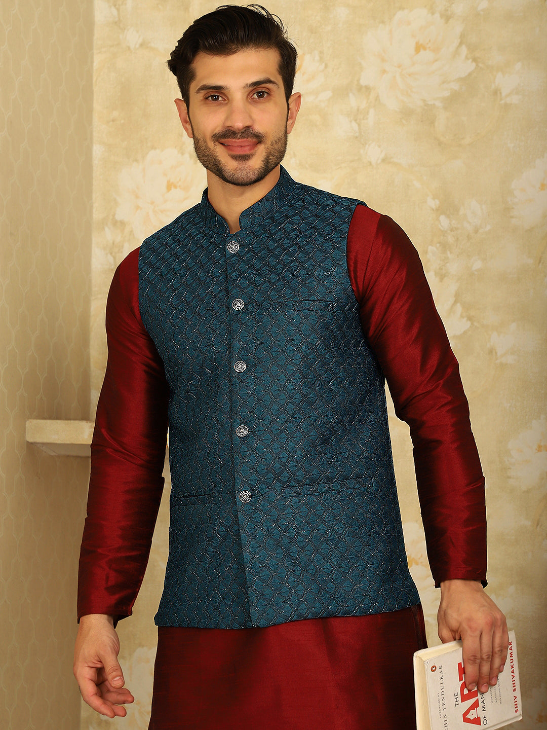 Jompers Men's Blue Woven Design Nehru Jacket With Kurta Pyjama Set - Distacart