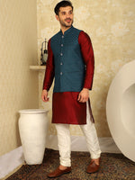 Thumbnail for Jompers Men's Blue Woven Design Nehru Jacket With Kurta Pyjama Set - Distacart