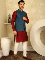 Thumbnail for Jompers Men's Blue Woven Design Nehru Jacket With Kurta Pyjama Set - Distacart