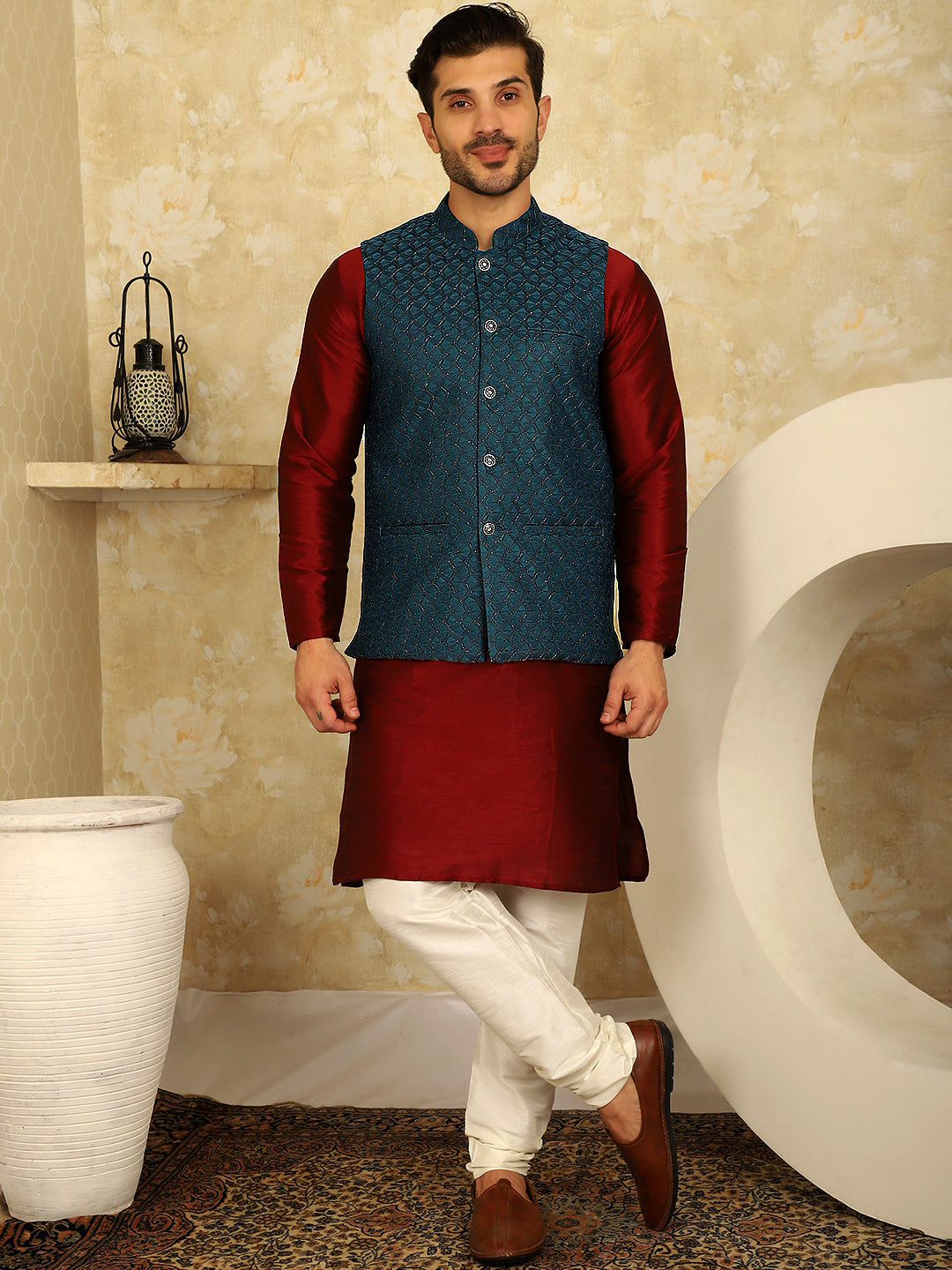 Jompers Men's Blue Woven Design Nehru Jacket With Kurta Pyjama Set - Distacart