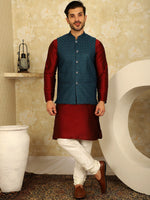 Thumbnail for Jompers Men's Blue Woven Design Nehru Jacket With Kurta Pyjama Set - Distacart