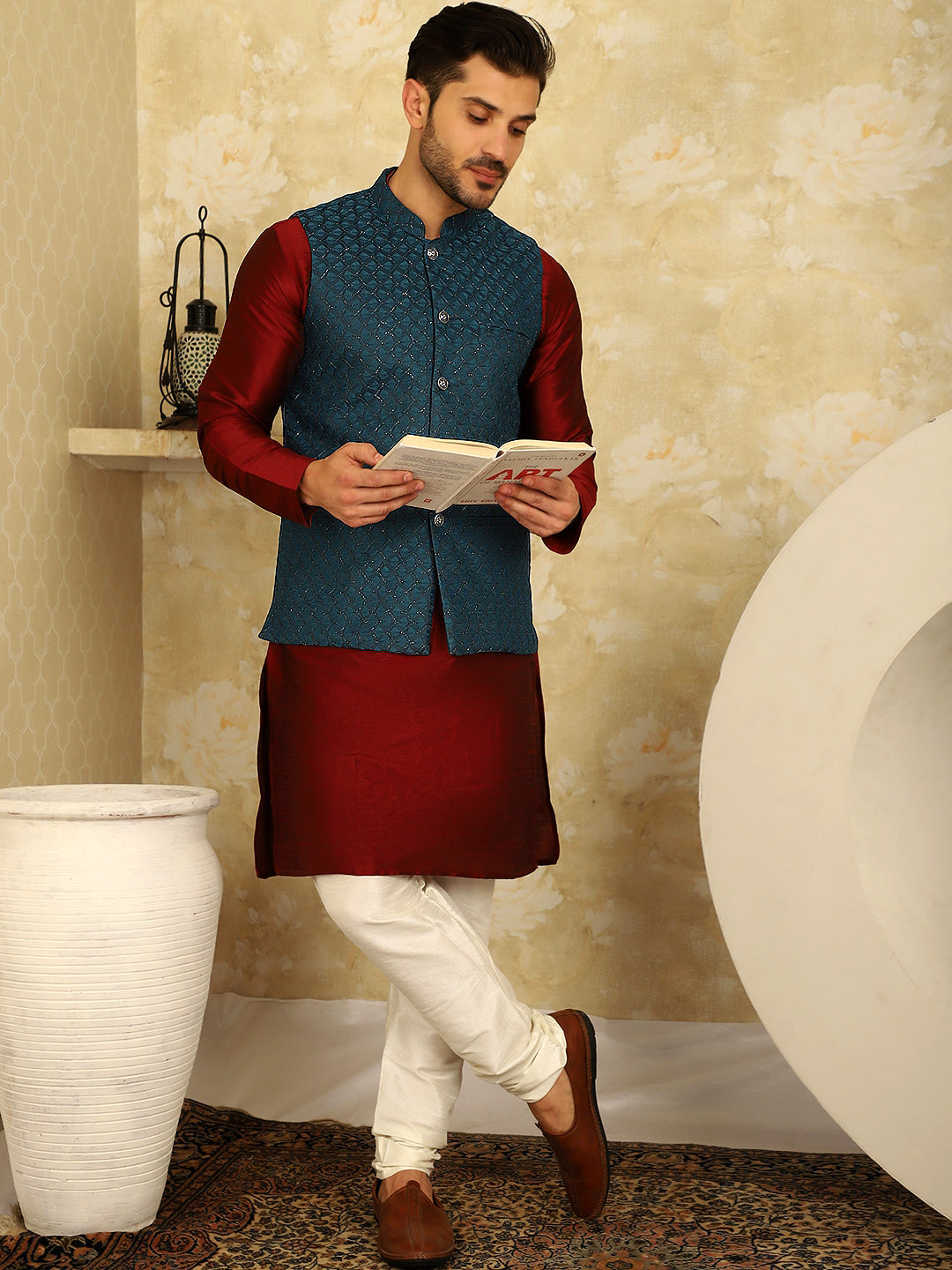 Jompers Men's Blue Woven Design Nehru Jacket With Kurta Pyjama Set - Distacart