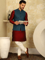Thumbnail for Jompers Men's Blue Woven Design Nehru Jacket With Kurta Pyjama Set - Distacart