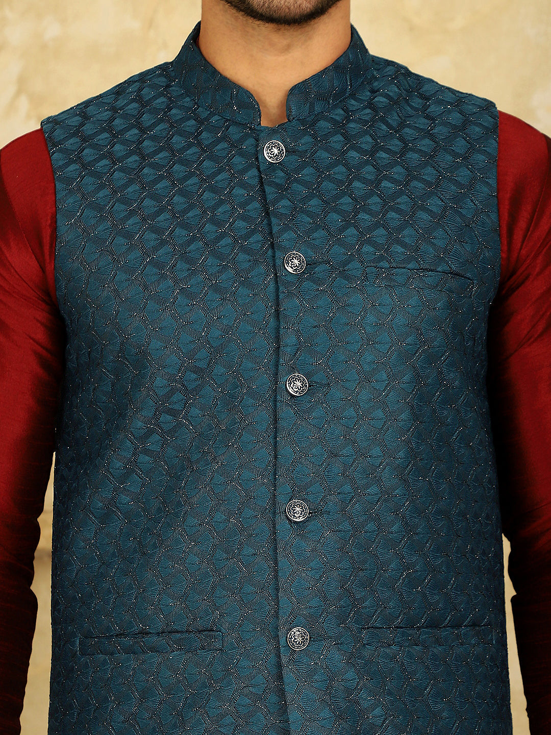 Jompers Men's Blue Woven Design Nehru Jacket With Kurta Pyjama Set - Distacart