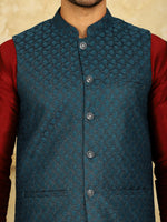 Thumbnail for Jompers Men's Blue Woven Design Nehru Jacket With Kurta Pyjama Set - Distacart
