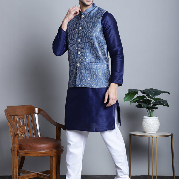Jompers Men's Printed Nehru Jacket With Kurta Pyjama Set - Blue - Distacart