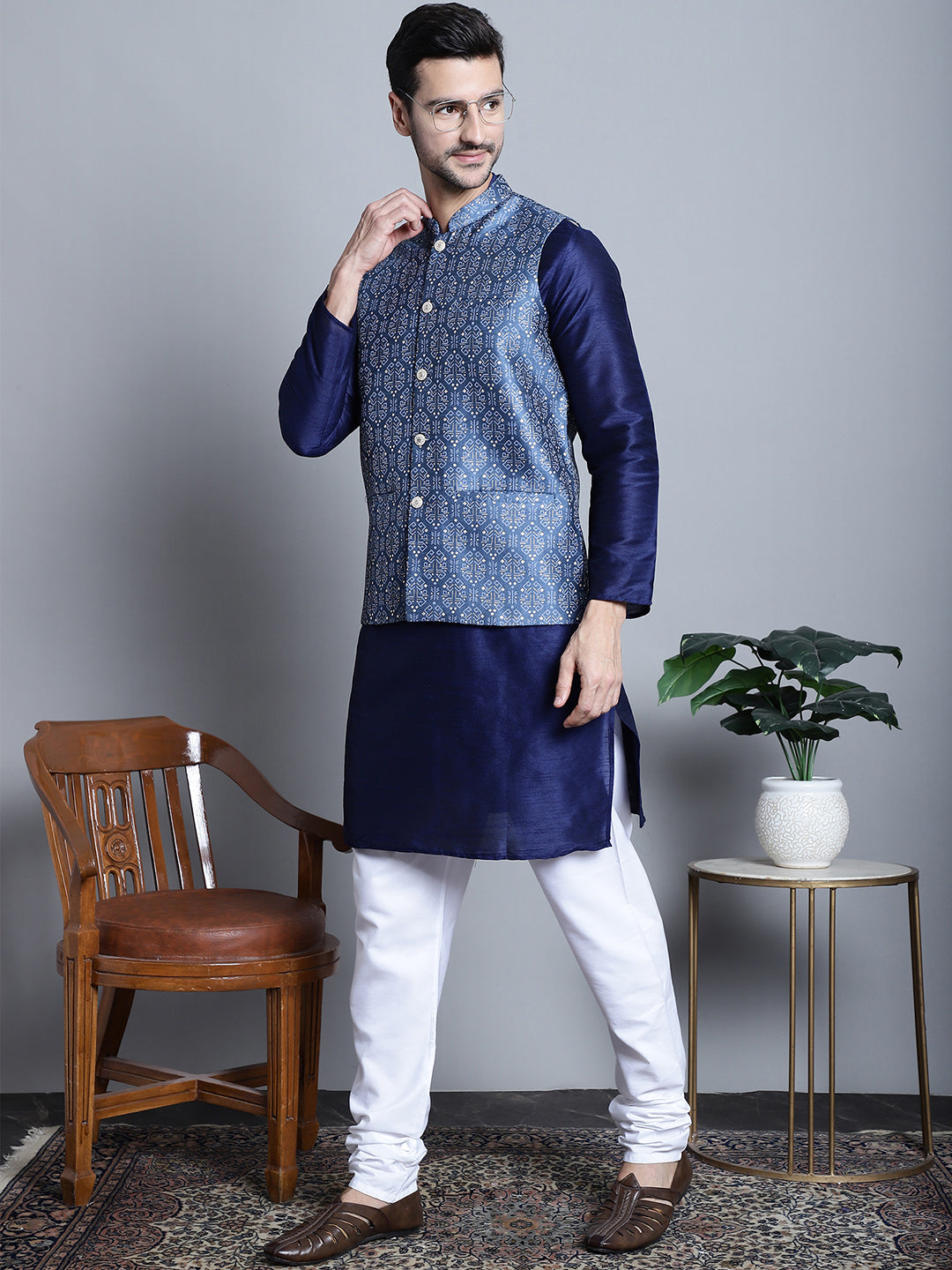Jompers Men's Printed Nehru Jacket With Kurta Pyjama Set - Blue - Distacart
