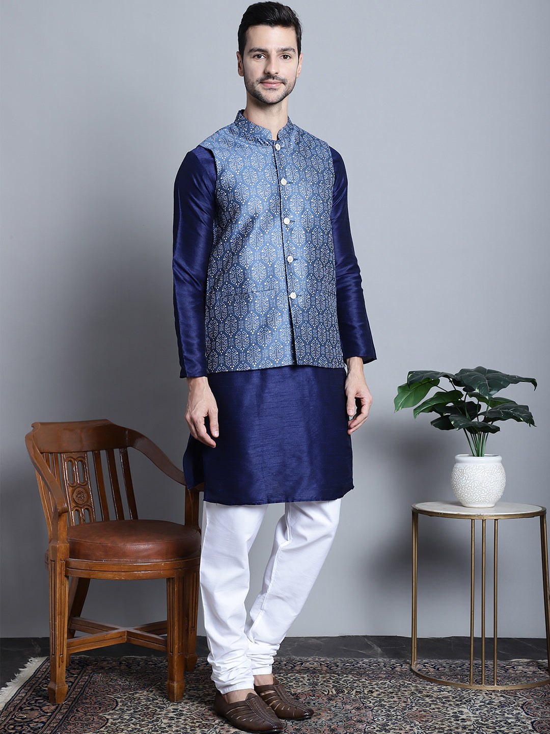 Jompers Men's Printed Nehru Jacket With Kurta Pyjama Set - Blue - Distacart