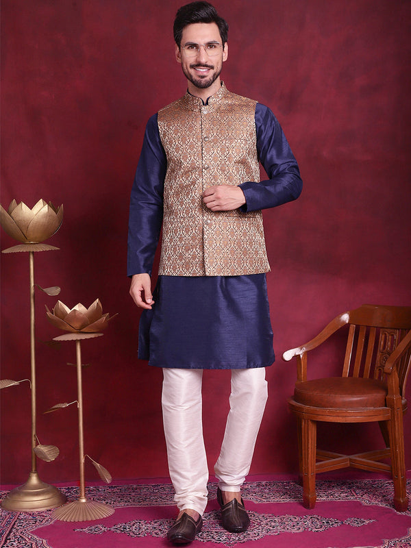 Jompers Men's Woven Design Nehru Jacket With Kurta Pyjama Set - Brown - Distacart