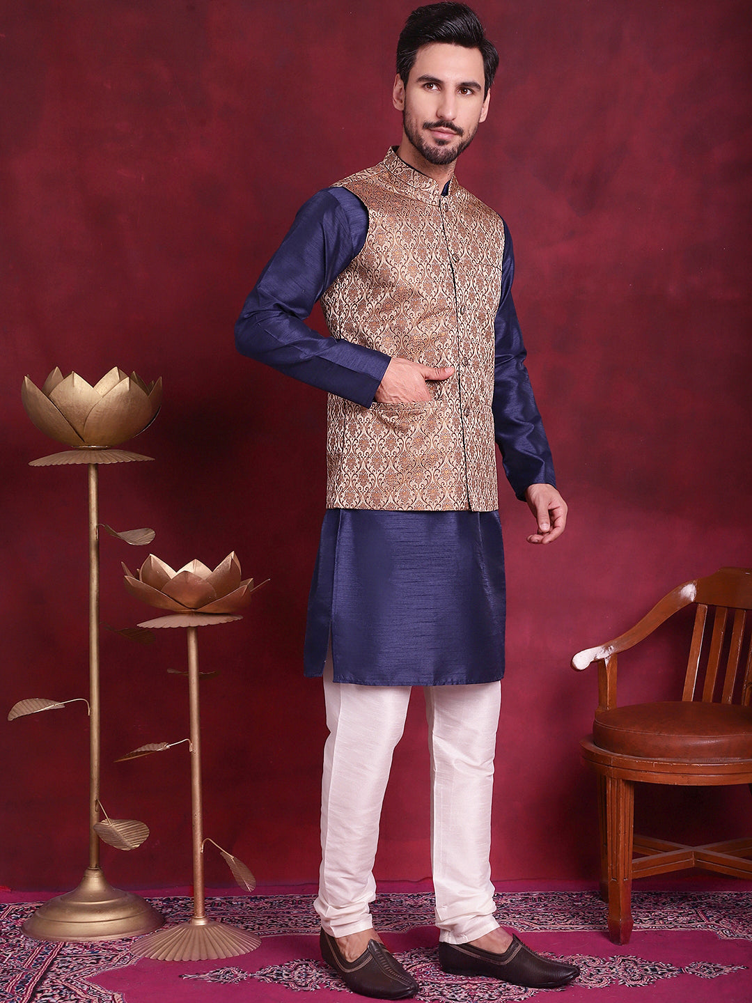 Jompers Men's Woven Design Nehru Jacket With Kurta Pyjama Set - Brown - Distacart