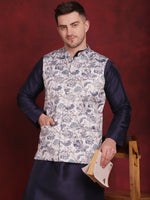 Thumbnail for Jompers Men's White Floral Printed Nehru Jacket With Kurta Pyjama Set - Distacart
