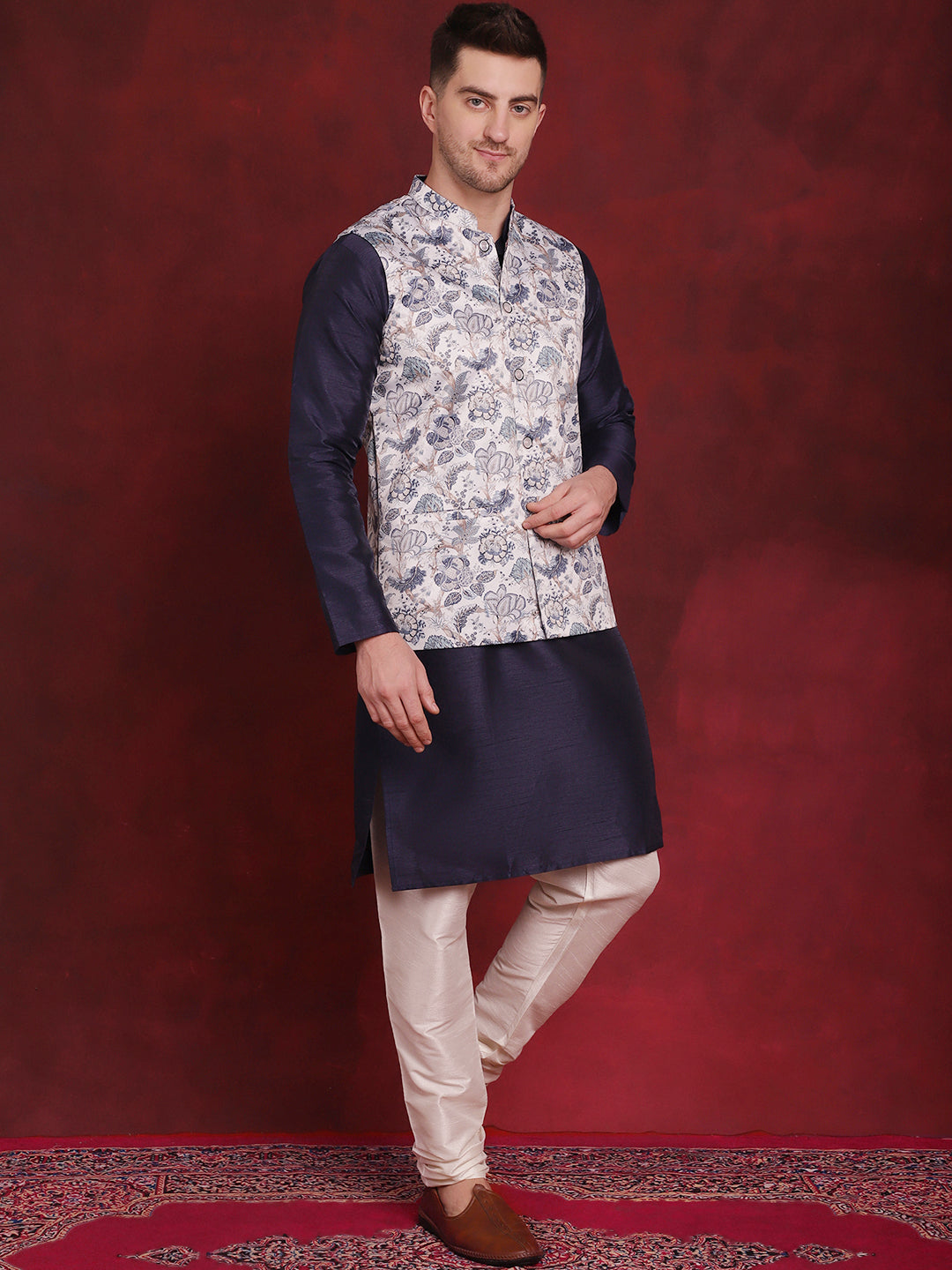 Jompers Men's White Floral Printed Nehru Jacket With Kurta Pyjama Set - Distacart