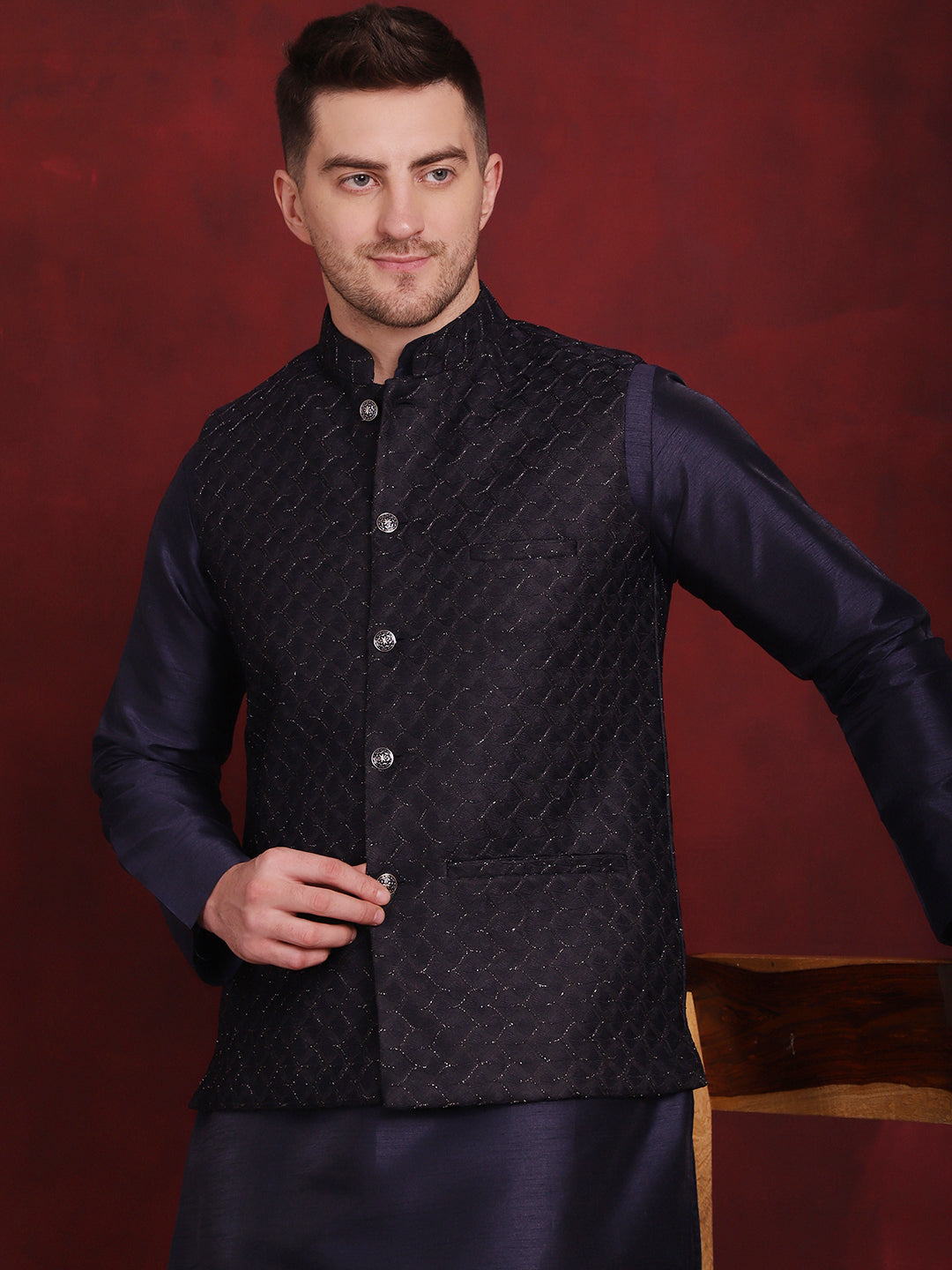 Jompers Men's Navy Blue Woven Design Nehru Jacket With Kurta Pyjama Set - Distacart
