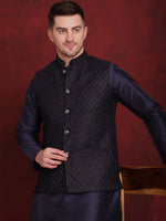 Thumbnail for Jompers Men's Navy Blue Woven Design Nehru Jacket With Kurta Pyjama Set - Distacart