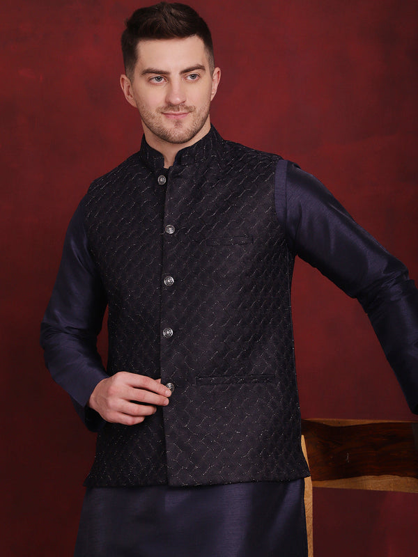 Jompers Men's Navy Blue Woven Design Nehru Jacket With Kurta Pyjama Set - Distacart