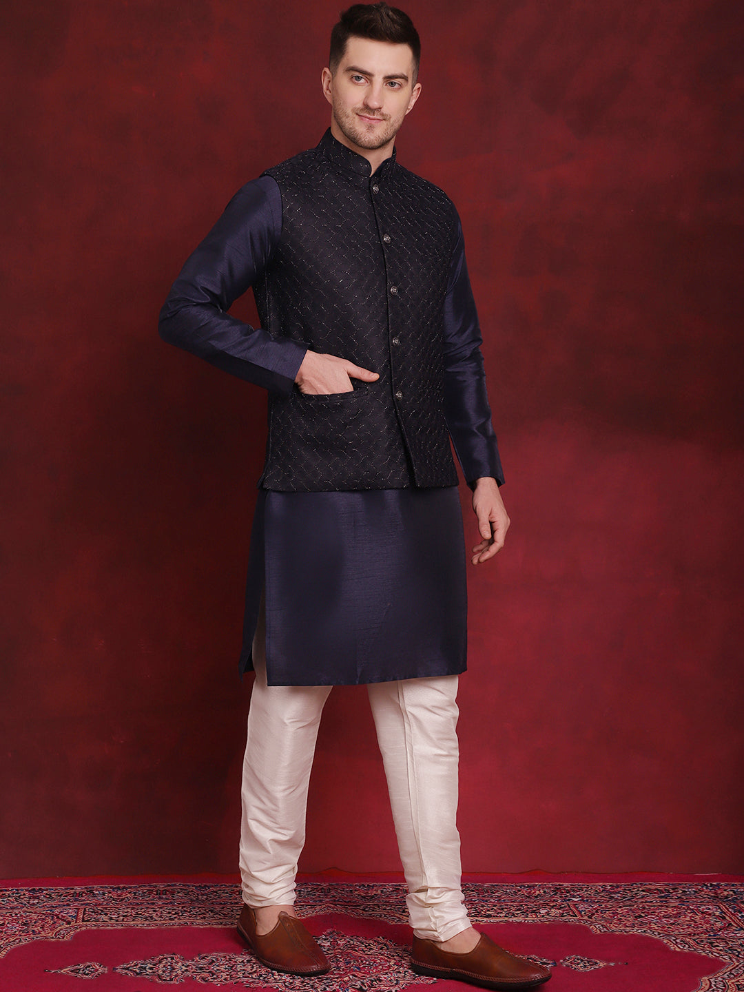 Jompers Men's Navy Blue Woven Design Nehru Jacket With Kurta Pyjama Set - Distacart