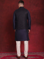 Thumbnail for Jompers Men's Navy Blue Woven Design Nehru Jacket With Kurta Pyjama Set - Distacart