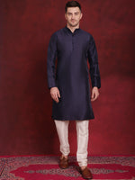 Thumbnail for Jompers Men's Navy Blue Woven Design Nehru Jacket With Kurta Pyjama Set - Distacart
