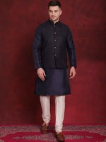 Thumbnail for Jompers Men's Navy Blue Woven Design Nehru Jacket With Kurta Pyjama Set - Distacart