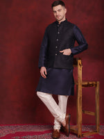 Thumbnail for Jompers Men's Navy Blue Woven Design Nehru Jacket With Kurta Pyjama Set - Distacart