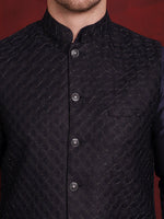 Thumbnail for Jompers Men's Navy Blue Woven Design Nehru Jacket With Kurta Pyjama Set - Distacart