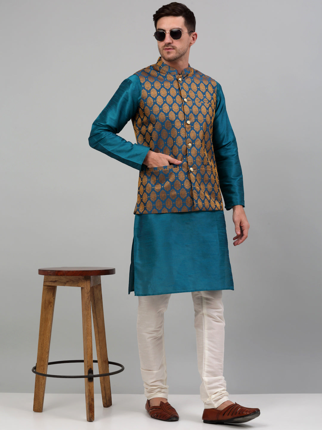 Jompers Men's Woven Design Nehru Jacket and Kurta Pyjama Set - Blue - Distacart