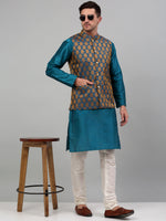 Thumbnail for Jompers Men's Woven Design Nehru Jacket and Kurta Pyjama Set - Blue - Distacart