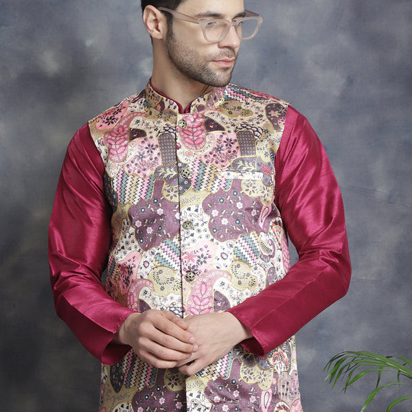 Jompers Men's Digital Print and Zari Work Nehru Jacket With Kurta Pyjama Set - Purple - Distacart