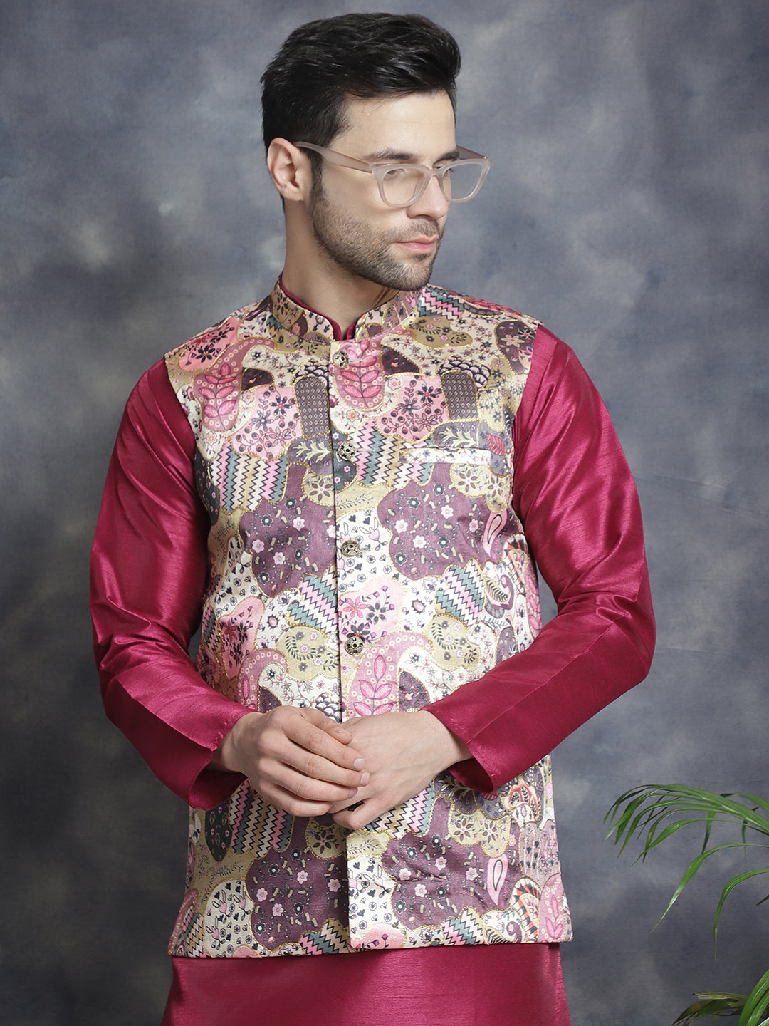 Jompers Men's Digital Print and Zari Work Nehru Jacket With Kurta Pyjama Set - Purple - Distacart