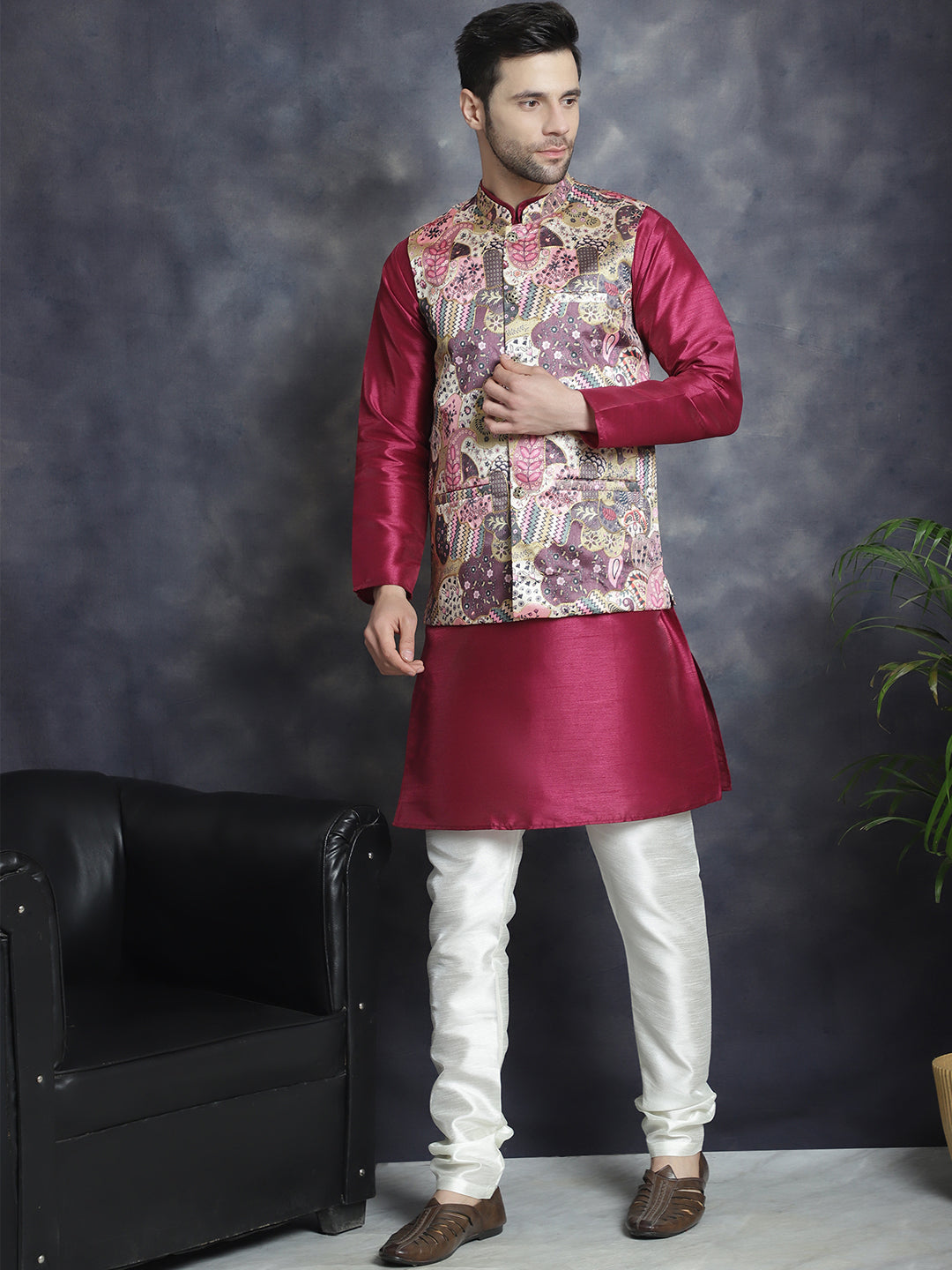 Jompers Men's Digital Print and Zari Work Nehru Jacket With Kurta Pyjama Set - Purple - Distacart