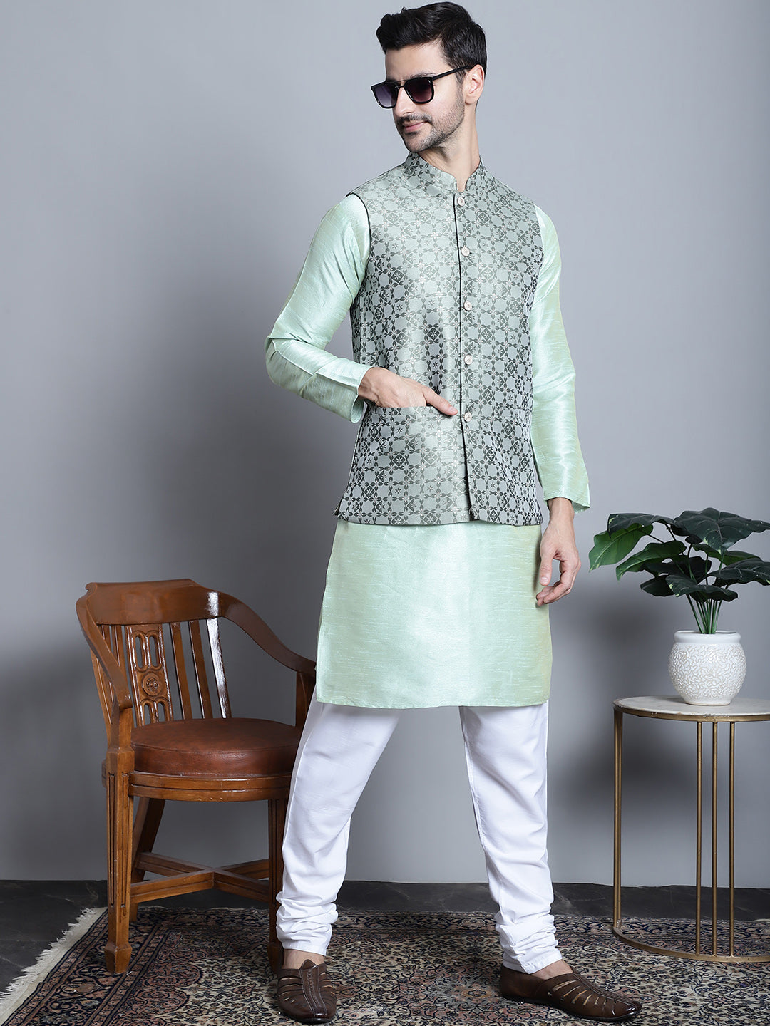 Jompers Men's Woven Design Nehru Jacket With Kurta Pyjama Set - Pista - Distacart