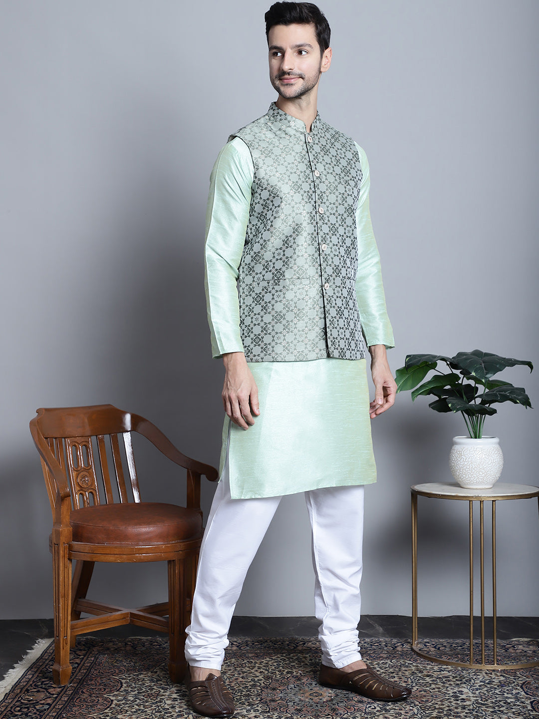 Jompers Men's Woven Design Nehru Jacket With Kurta Pyjama Set - Pista - Distacart