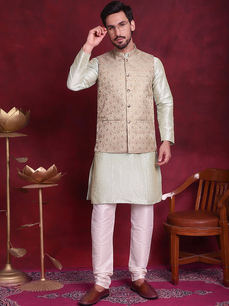 Jompers Men's Woven Design Nehru Jacket With Kurta Pyjama Set - Golden - Distacart