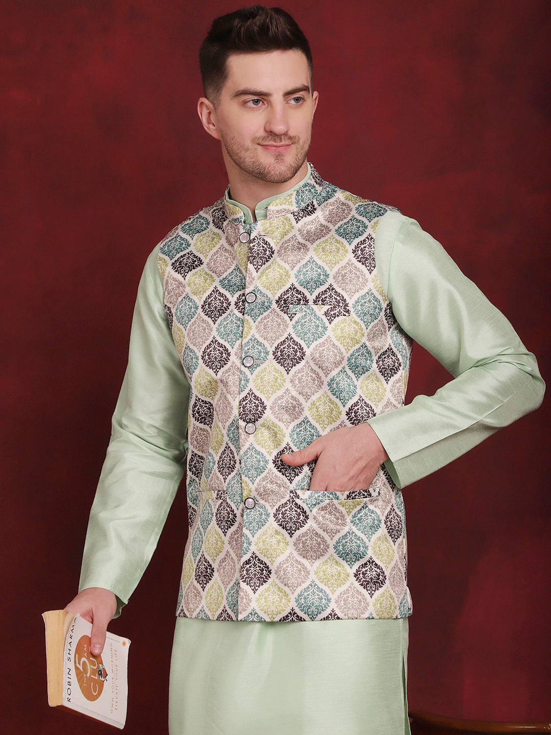 Jompers Men's Green Floral Printed Nehru Jacket With Kurta Pyjama Set - Distacart