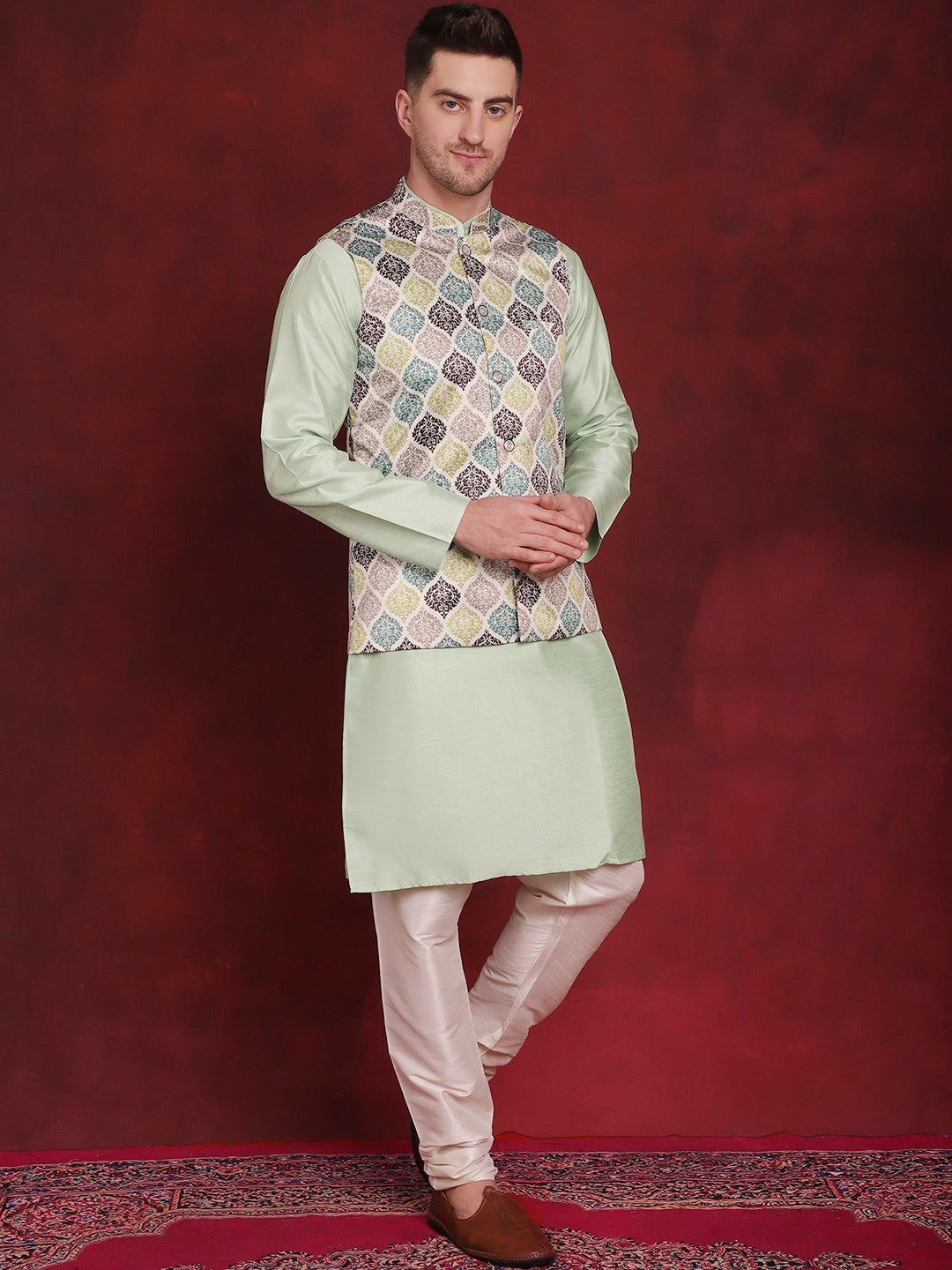 Jompers Men's Green Floral Printed Nehru Jacket With Kurta Pyjama Set - Distacart