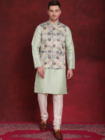 Thumbnail for Jompers Men's Green Floral Printed Nehru Jacket With Kurta Pyjama Set - Distacart