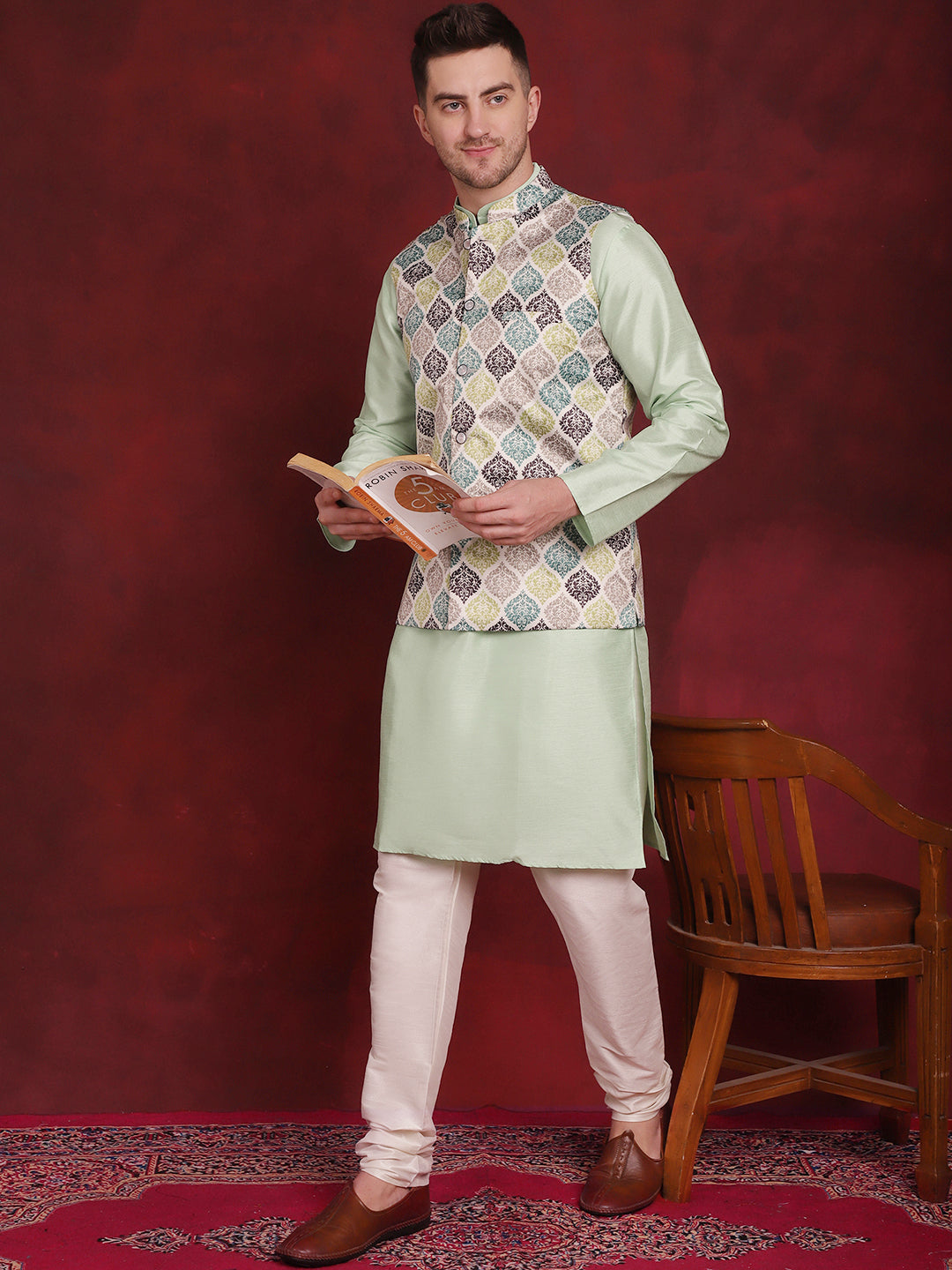 Jompers Men's Green Floral Printed Nehru Jacket With Kurta Pyjama Set - Distacart