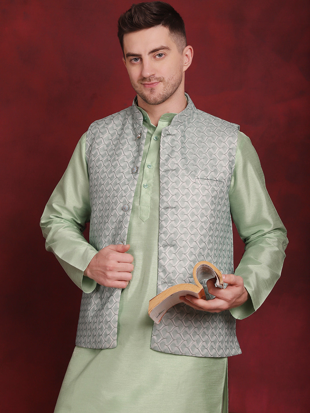 Jompers Men's Green Woven Design Nehru Jacket With Kurta Pyjama Set - Distacart