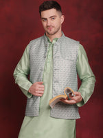 Thumbnail for Jompers Men's Green Woven Design Nehru Jacket With Kurta Pyjama Set - Distacart