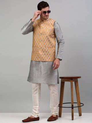 Jompers Men's Woven Design Nehru Jacket and Kurta Pyjama Set - Silver - Distacart