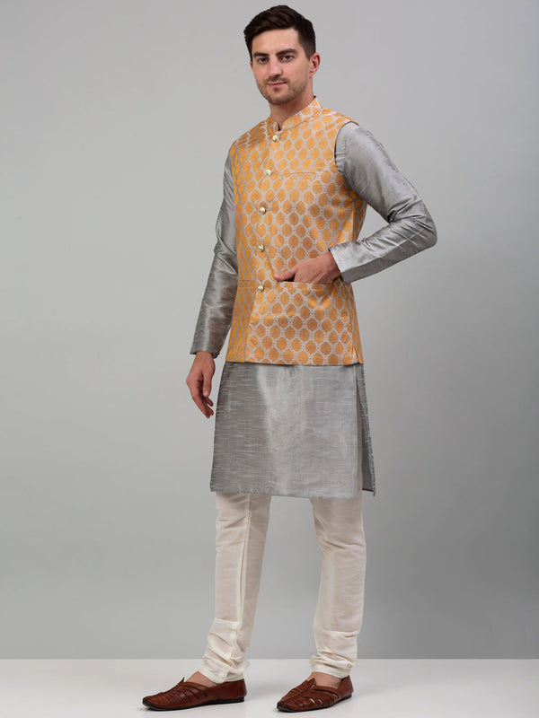 Jompers Men's Woven Design Nehru Jacket and Kurta Pyjama Set - Silver - Distacart